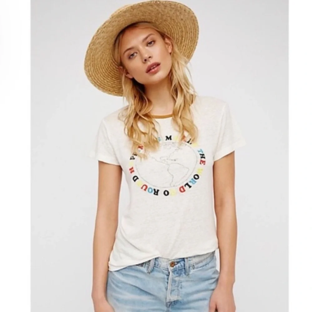 Free People Size Medium ‘Happiness Makes the World Go Round’ embroidered tee